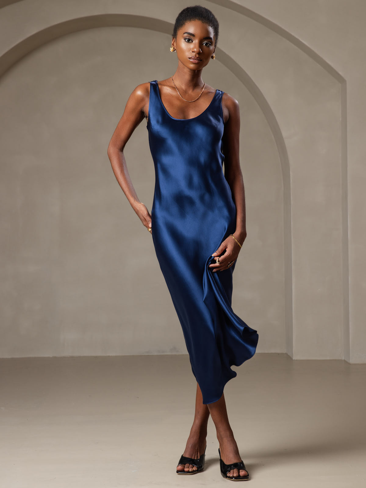 Pure Silk Sleeveless U Neck Midi Dress