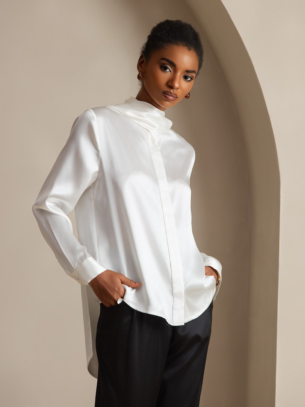 19Momme Silk Long Sleeve High Neck Bow Tie Blouse
