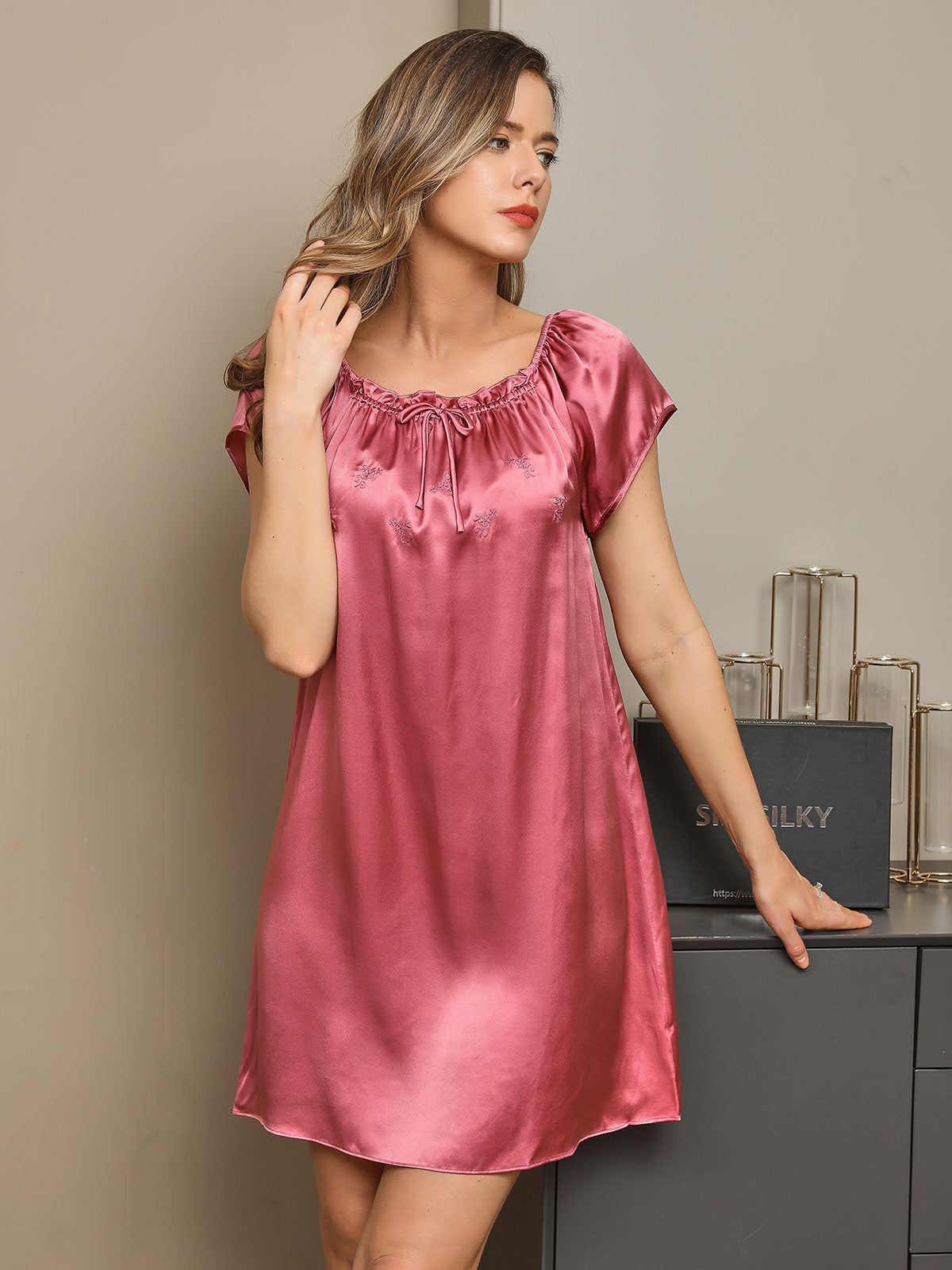 Pure Silk Cap Sleeve Square Neck Short Nightdress