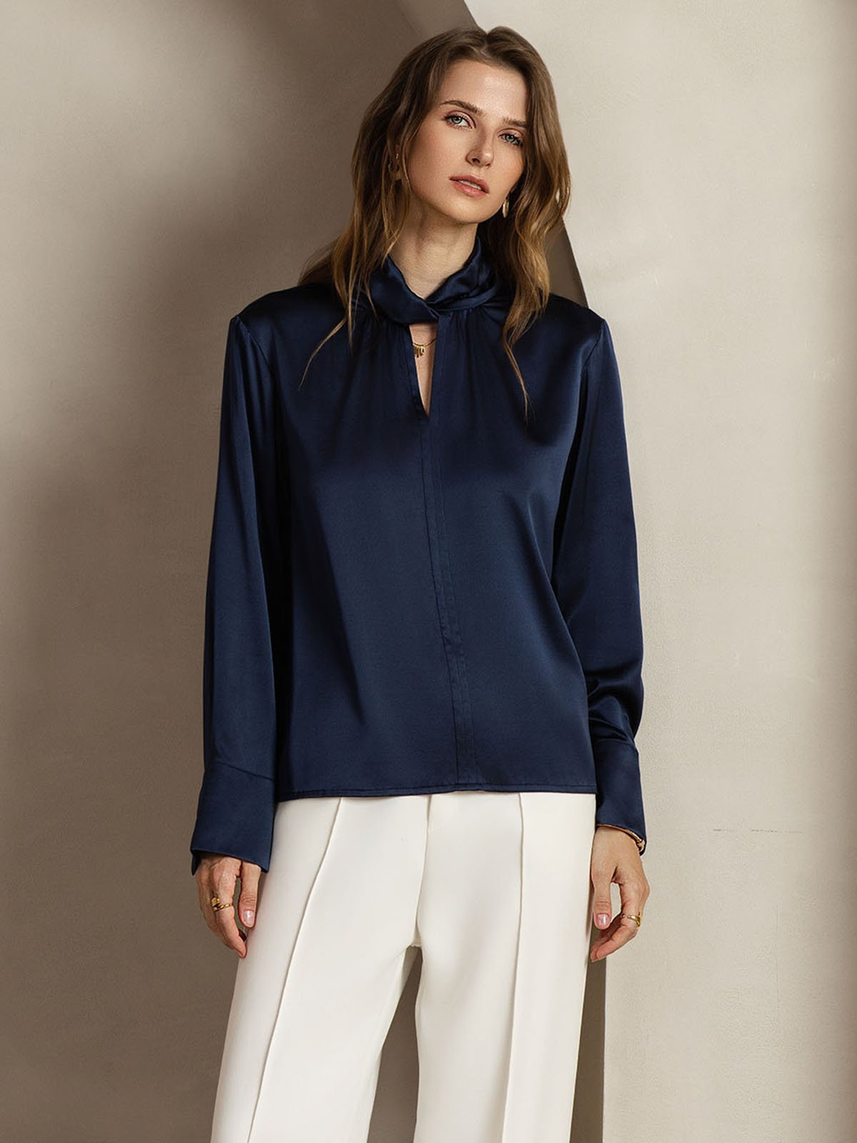 19Momme Silk Keyhole Neck Blouse with Pearl Buttons