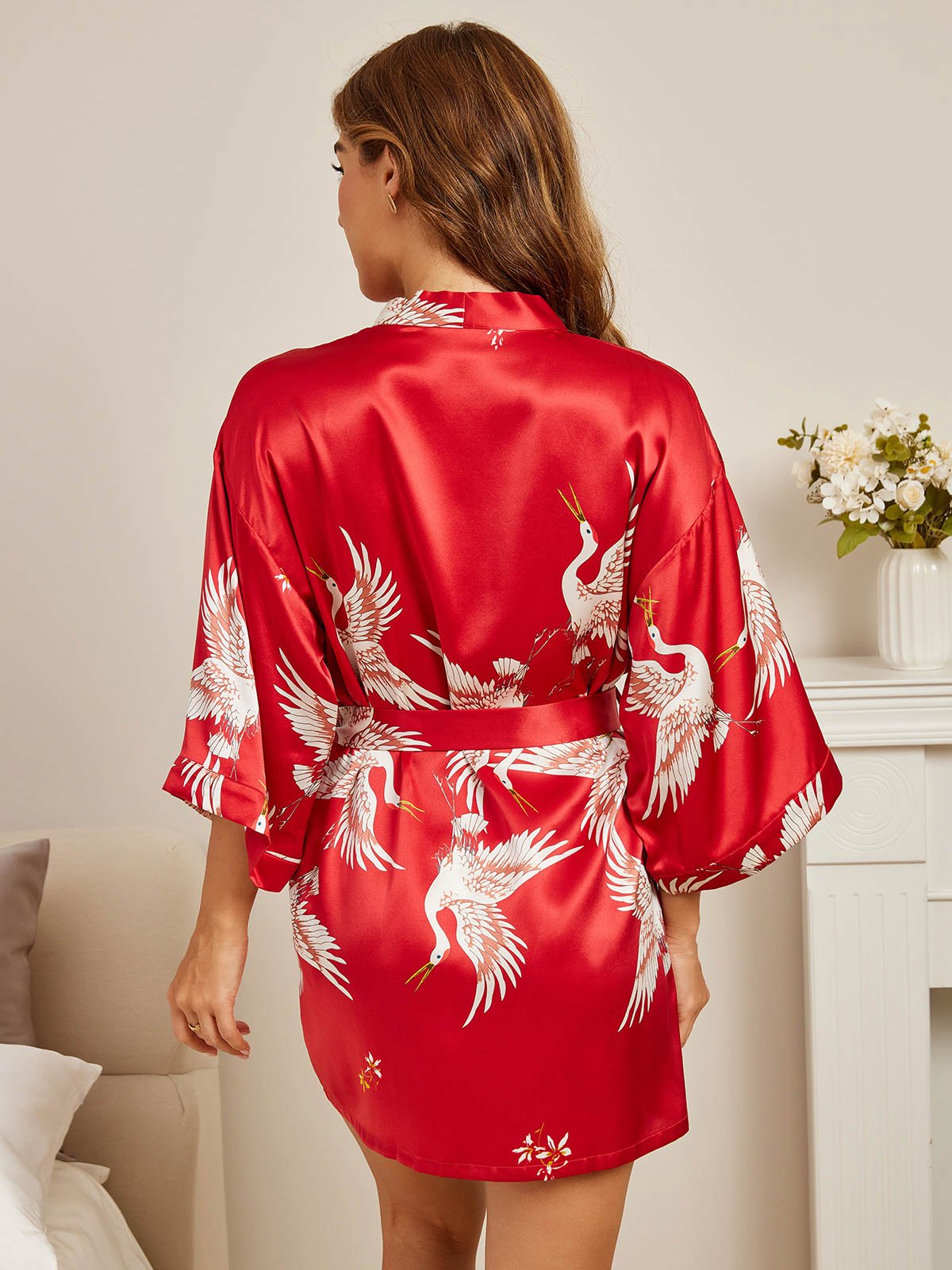 19Momme Pure Silk Crane Print 3/4 Sleeve Short Women's Kimono Robe