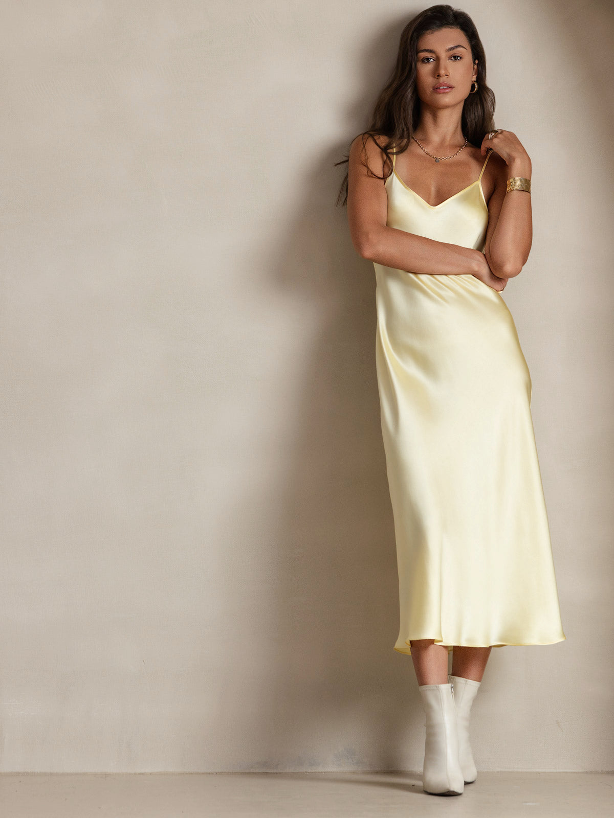Pure Silk Spaghetti Strap V-neck Midi Nightdress