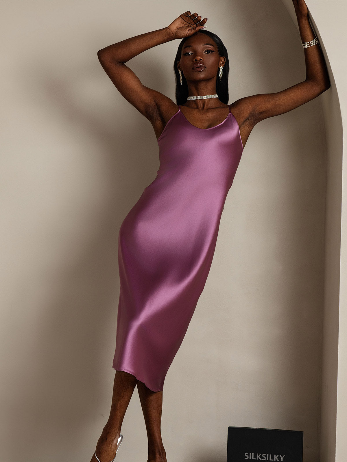 Pure Silk Spaghetti Strap V-neck Midi Nightdress
