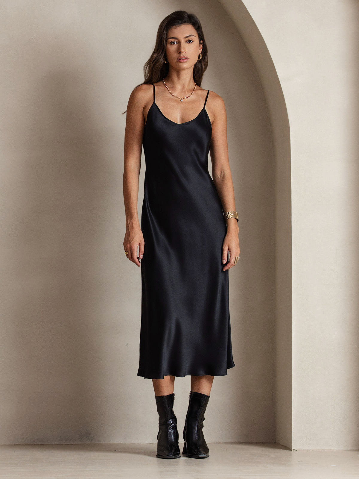 Pure Silk Spaghetti Strap Midi Dress