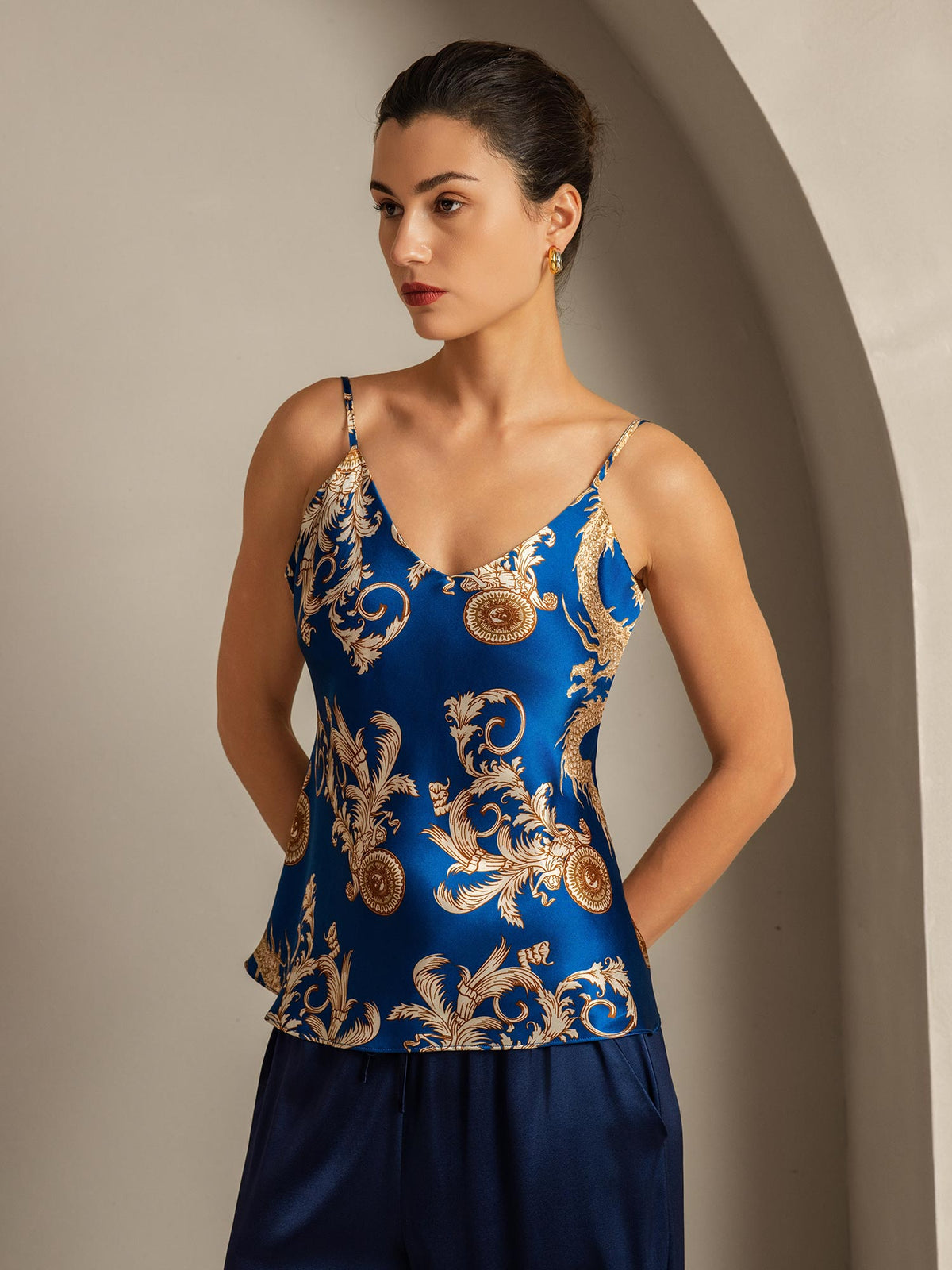 Pure Silk Dragon Print Spaghetti Strap V Neck Camisoles