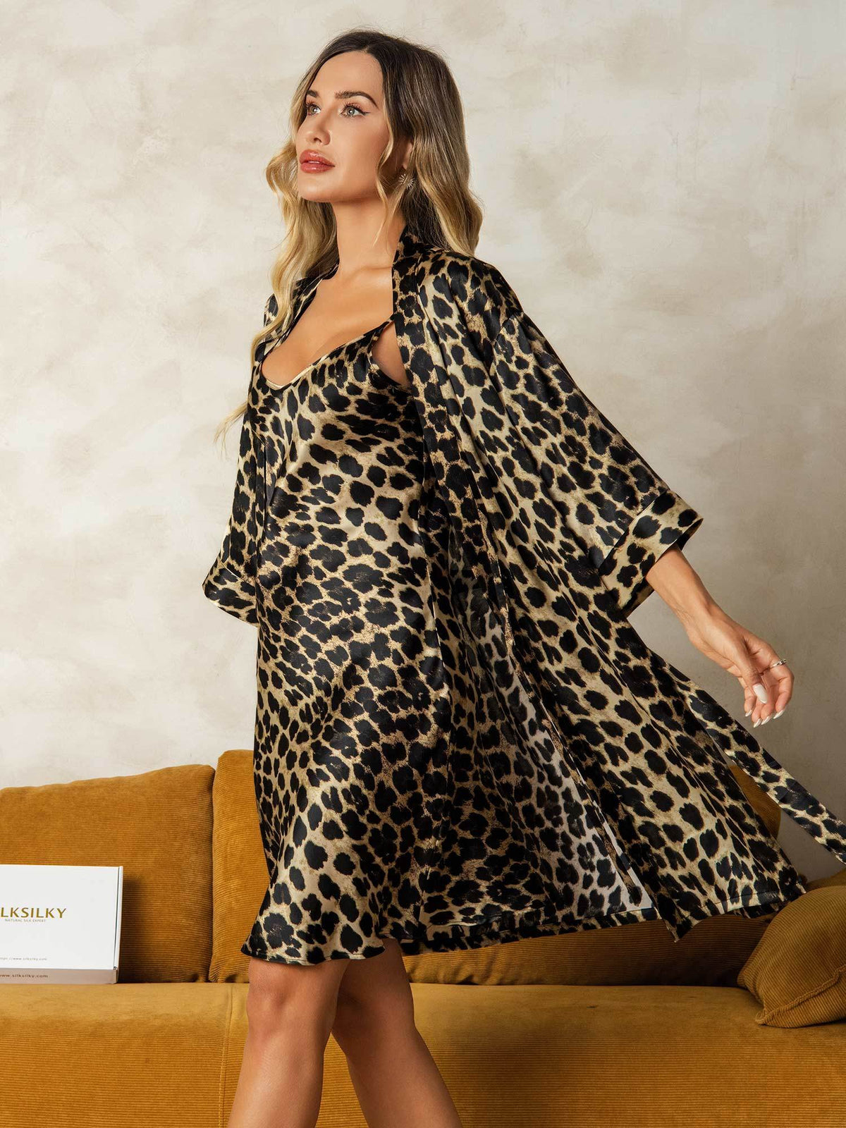 Pure Silk Leopard Print Short Nightgown&Robe Set