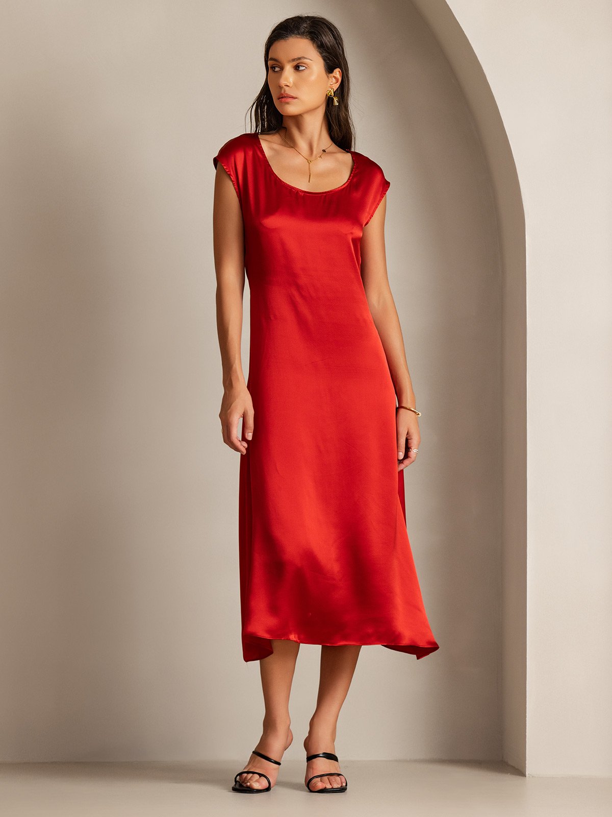 19Momme Silk Cap Sleeve Round Neck Midi Dress