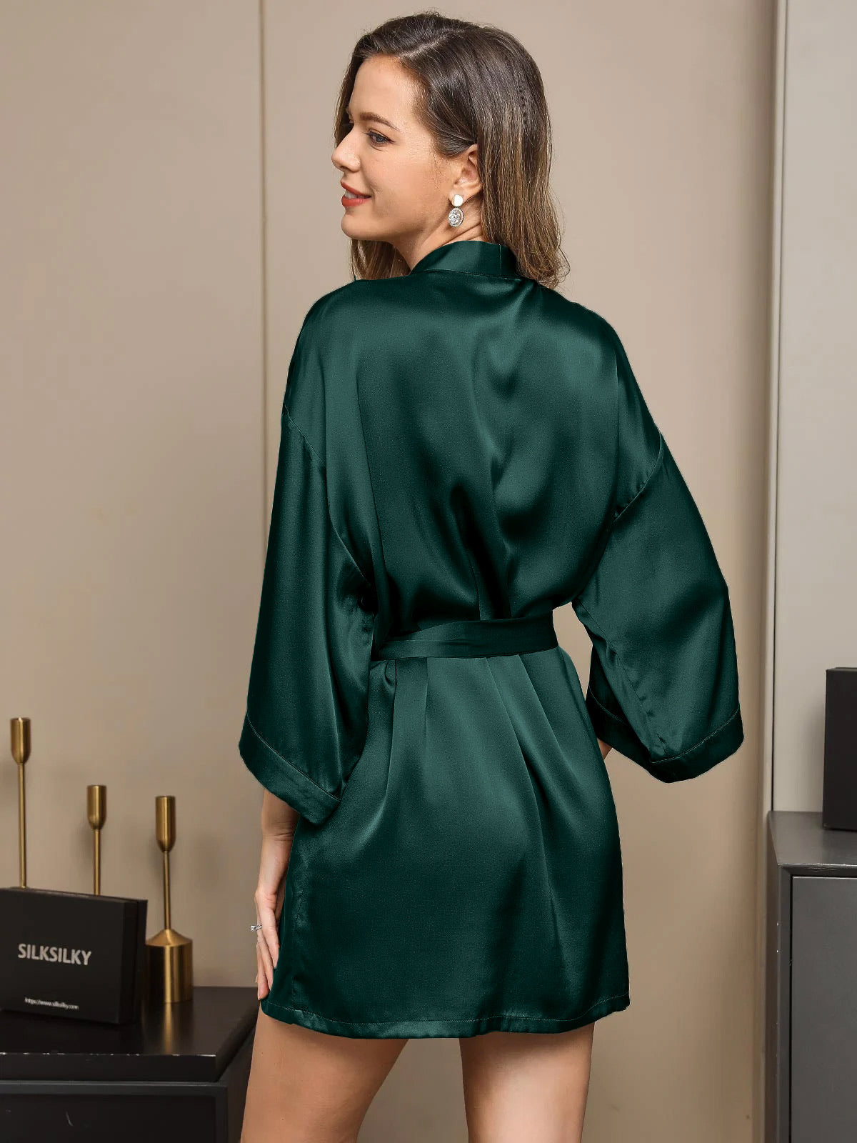 Pure Silk 3/4 Sleeve Short Women's Kimono Dressing Gown with Wrap Design