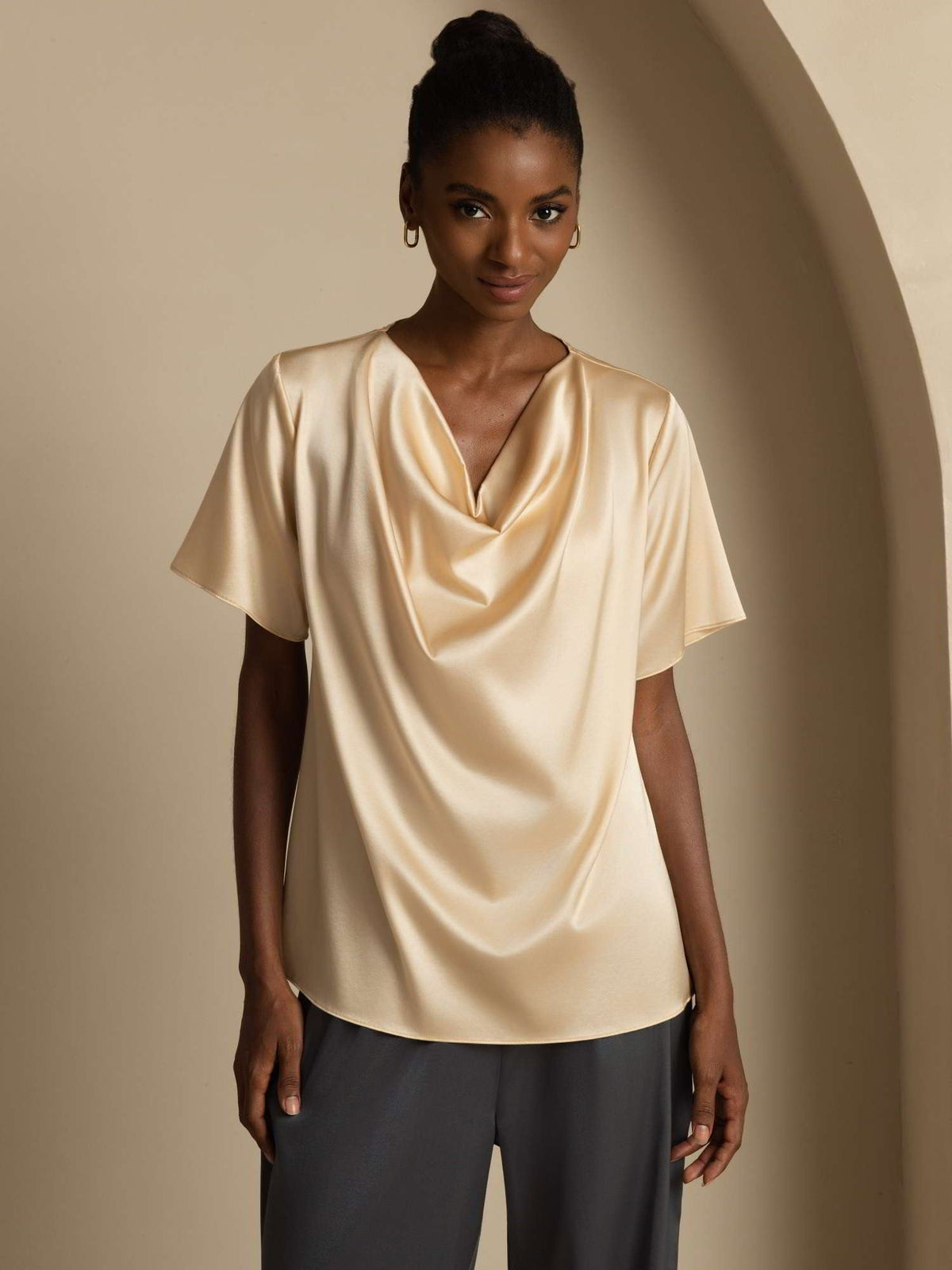 19Momme Women's Silk Short Sleeve Cowl Neck T-Shirt