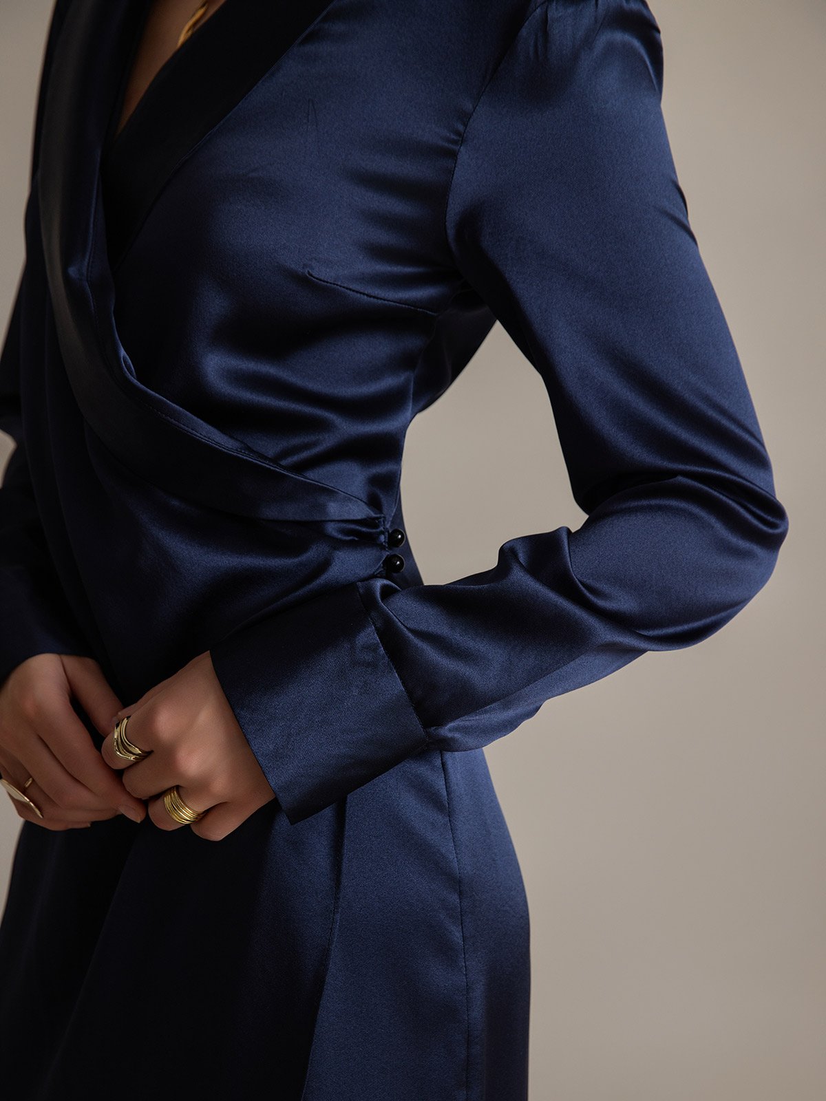 Clearance(Ships to UK Only) - 19Momme Silk Long Sleeve Lapel Collar Wrap Dress with Split Design