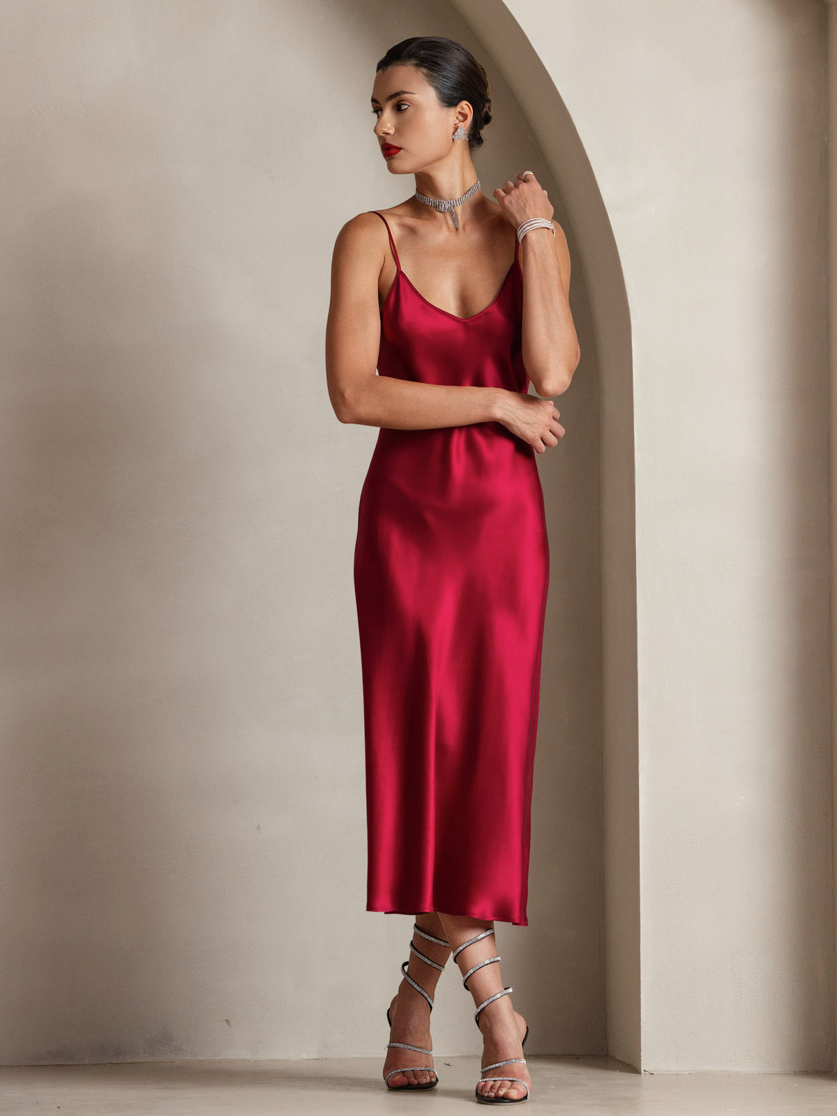 Pure Silk Spaghetti Strap Midi Dress