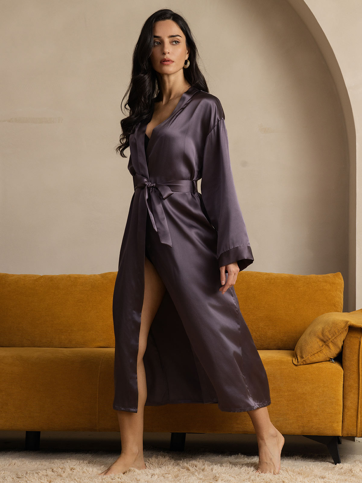 Pure Silk Long Sleeve Midi Women's Dressing Gown