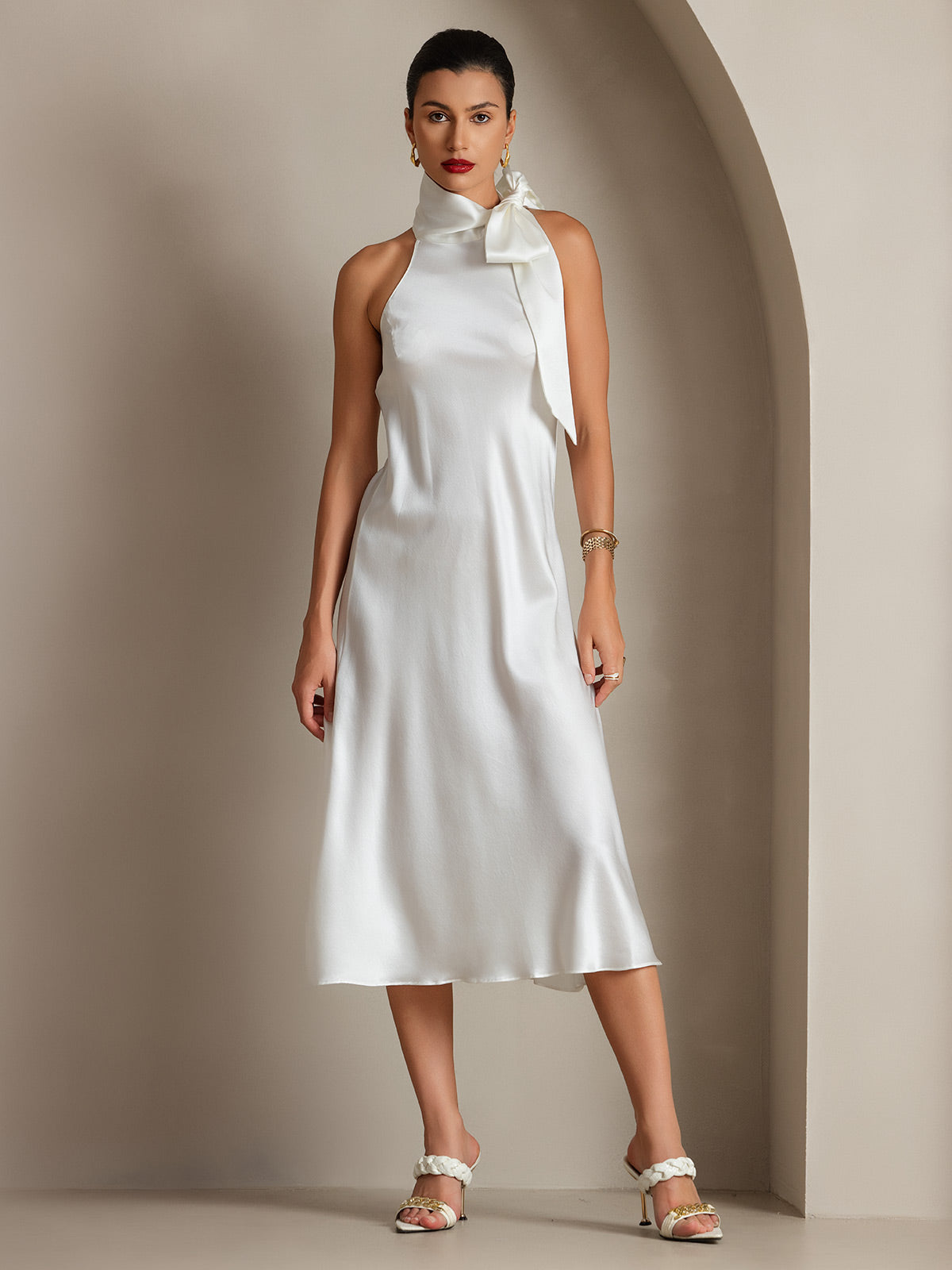19Momme Silk Sleeveless Tie Neck Midi Dress