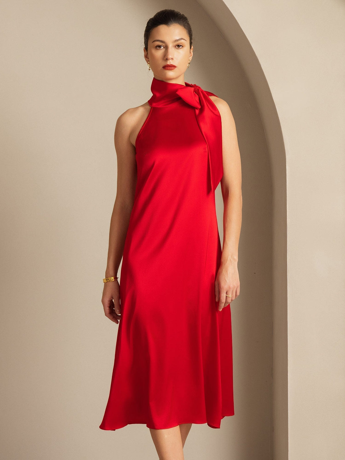 19Momme Silk Sleeveless Tie Neck Midi Dress