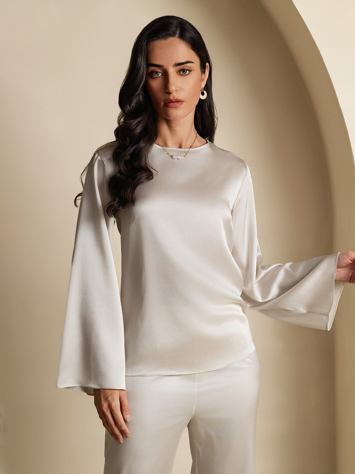 19Momme Silk Bell Sleeve Boat Neck Women's Top