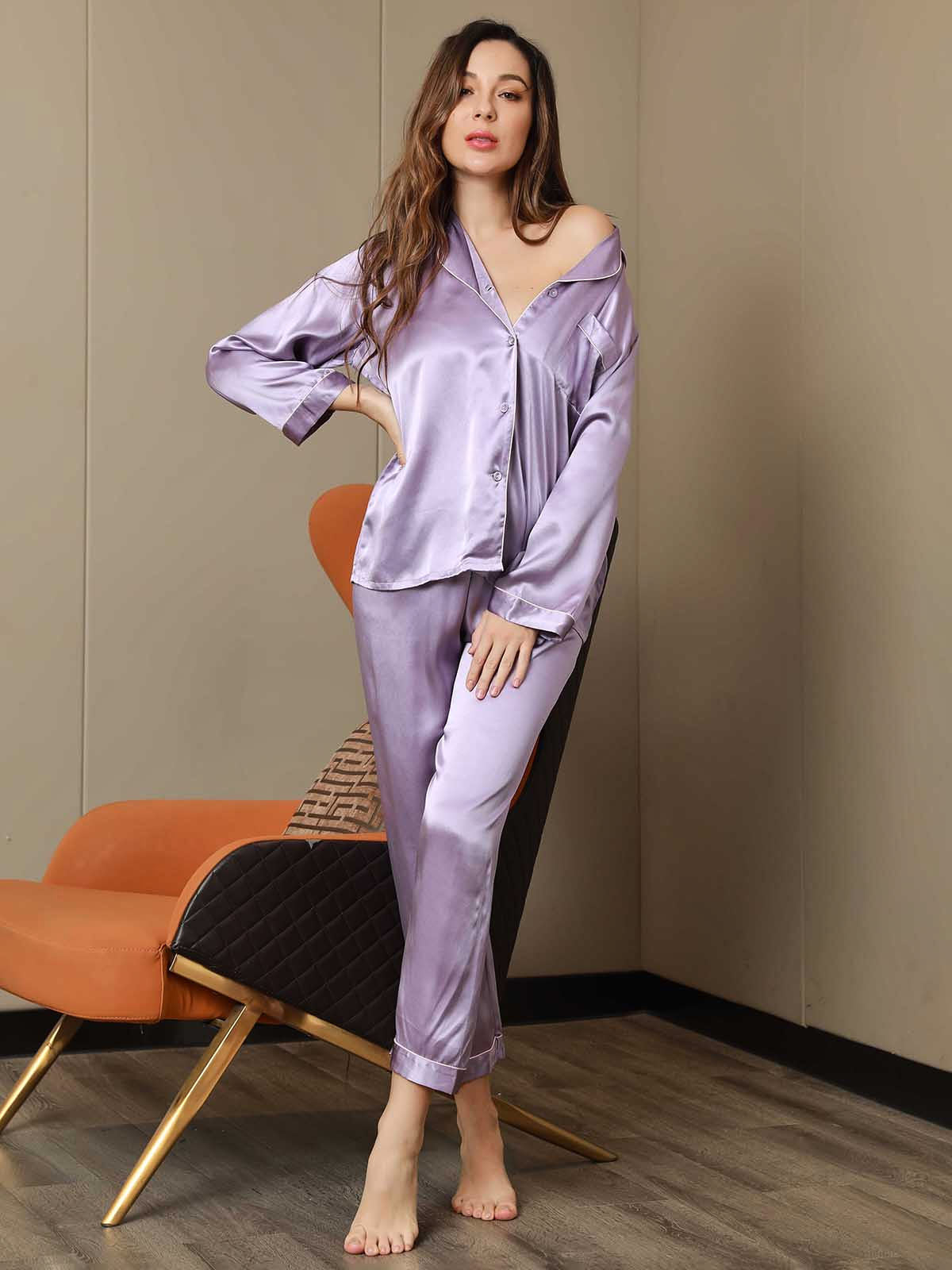 Women's Pure Silk Long Sleeve Notch Collar Pyjamas Set