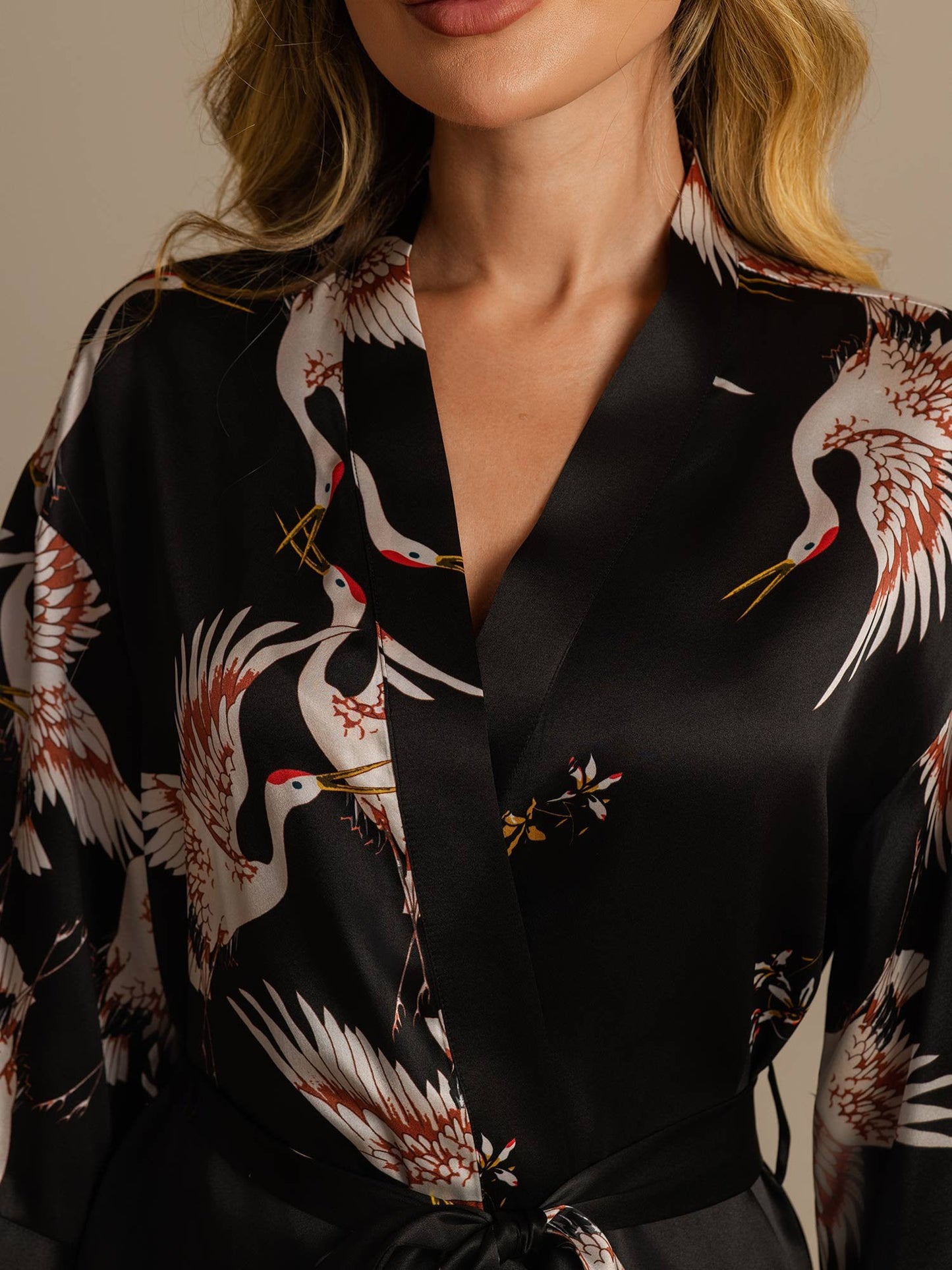 19Momme Pure Silk Crane Print Belted Wrap Women's Kimono Robe
