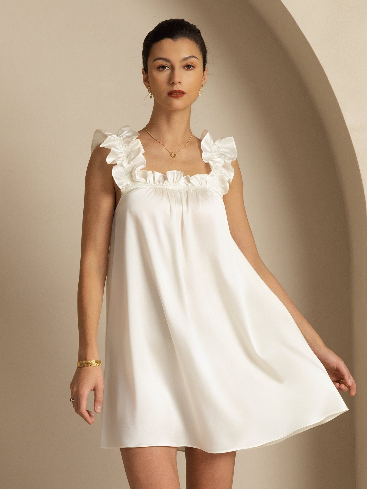 19Momme Silk Ruffle Strap Square Neck  Babydoll A-Line Short Dress
