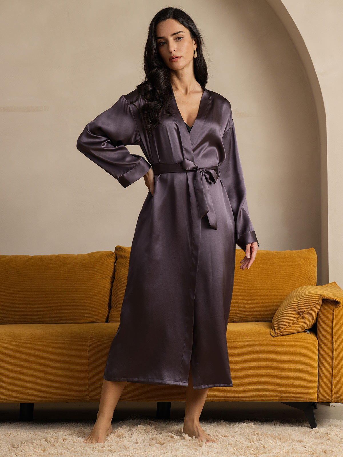 Pure Silk Long Sleeve Midi Women's Dressing Gown