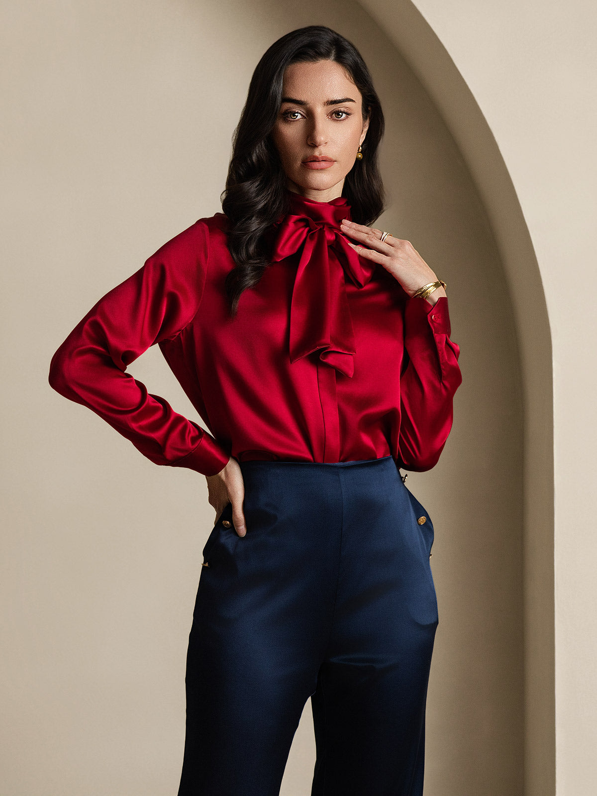 19Momme Silk Long Sleeve High Neck Bow Tie Blouse