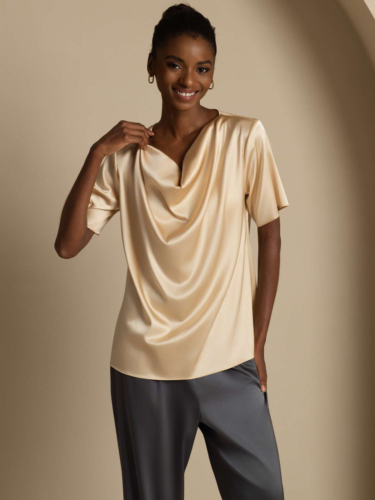 19Momme Women's Silk Short Sleeve Cowl Neck T-Shirt
