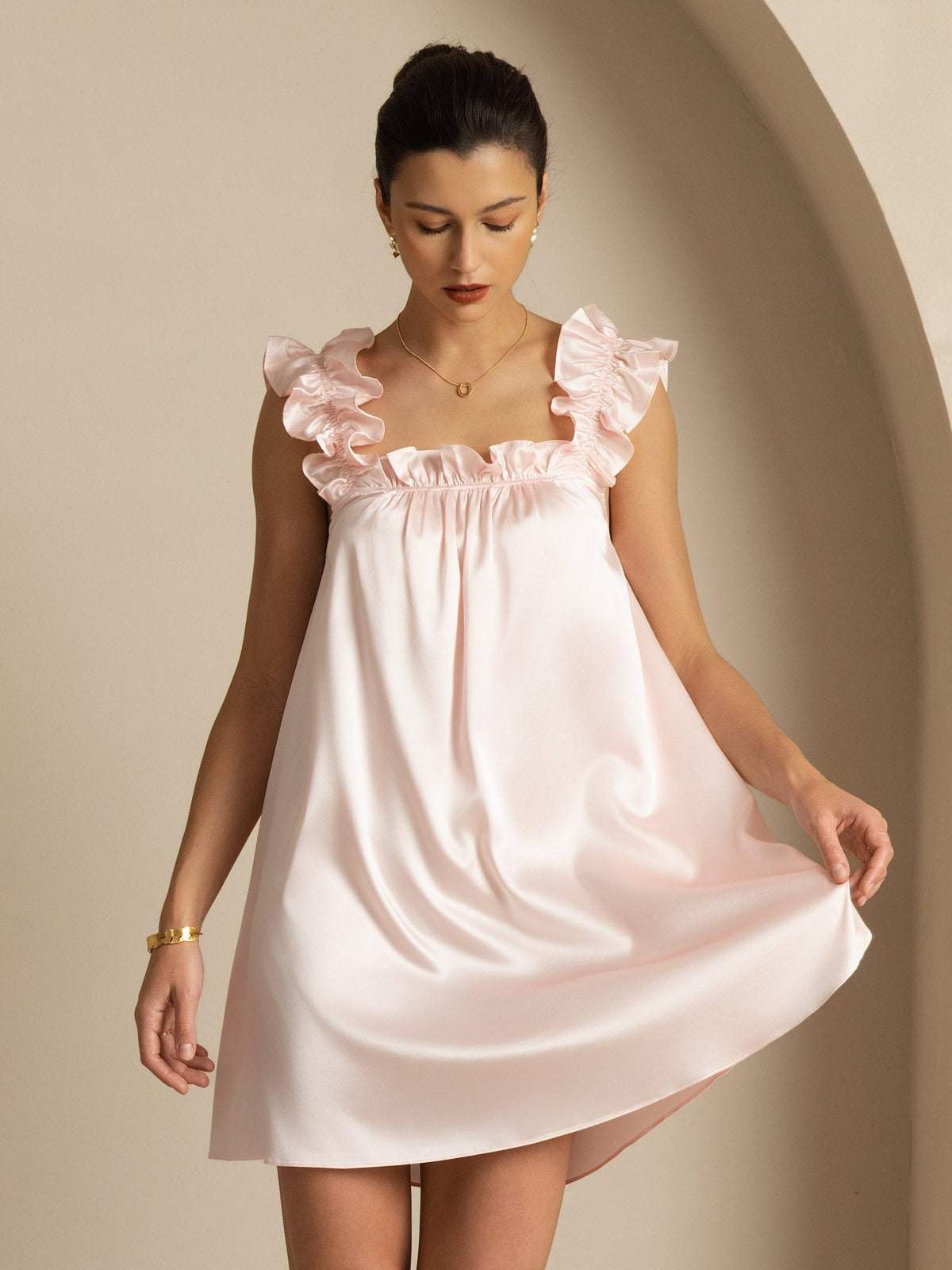 19Momme Silk Ruffle Strap Square Neck  Babydoll A-Line Short Dress