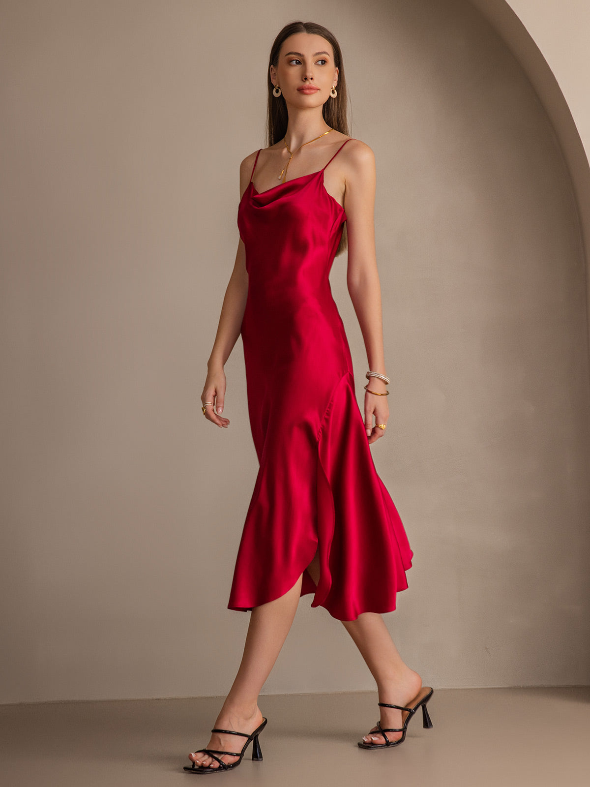 Pure Silk Spaghetti Strap Cowl Neck Bias Midi Dress with Split Design