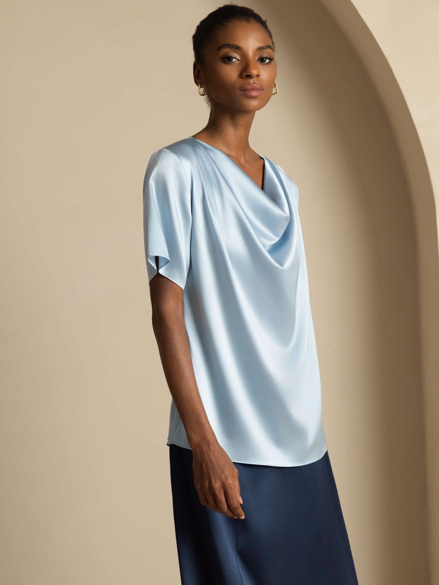 19Momme Women's Silk Short Sleeve Cowl Neck T-Shirt