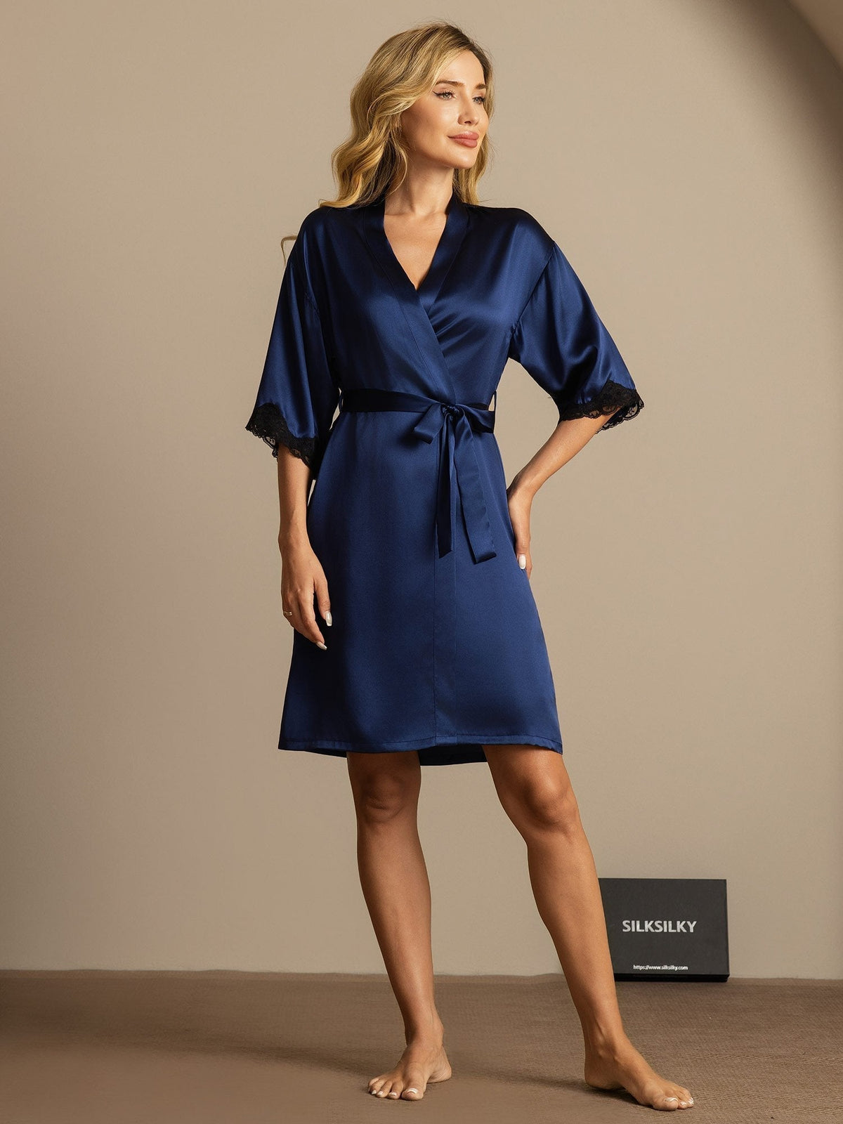 Pure Silk Basic Women's Robe with Lace Design