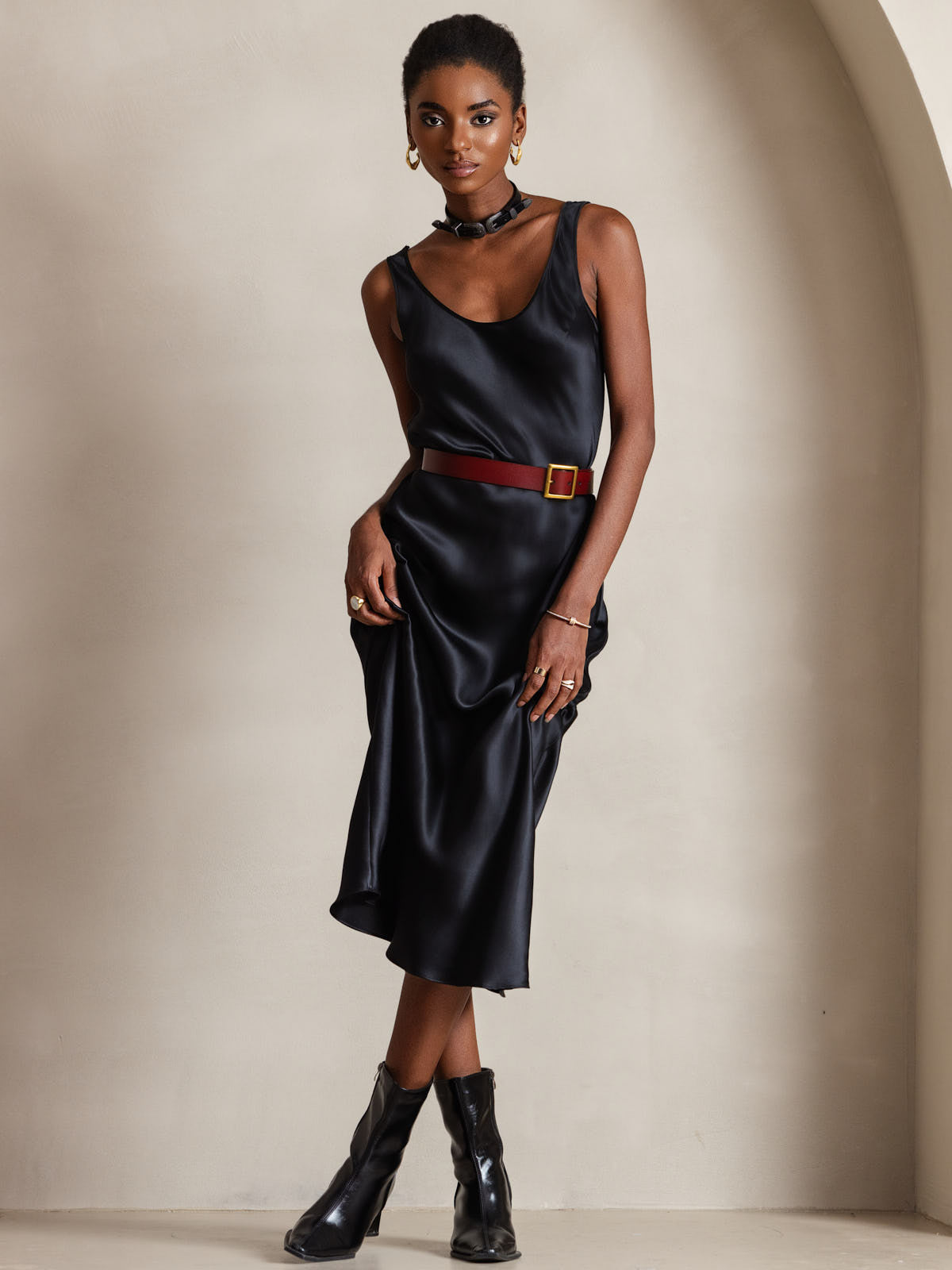 Pure Silk Sleeveless U Neck Midi Dress
