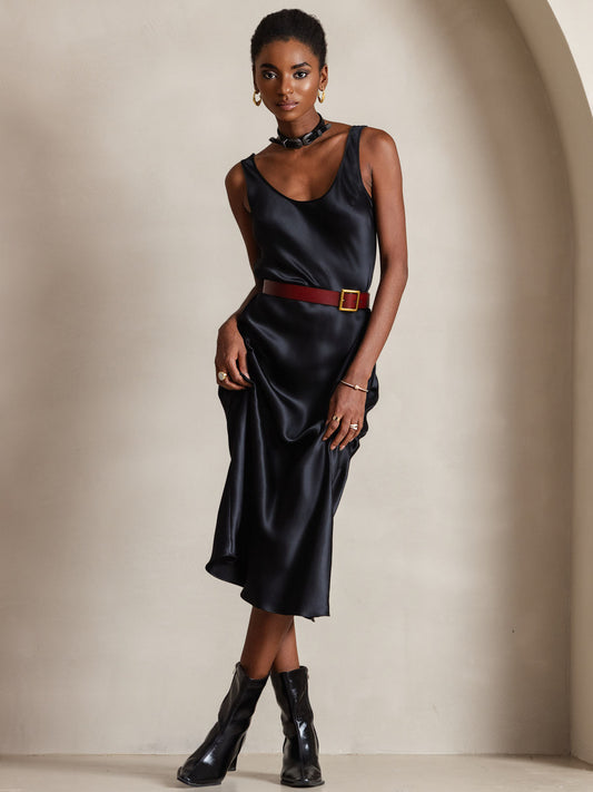 Pure Silk Sleeveless U Neck Midi Dress