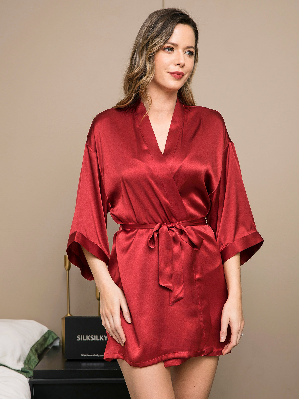 Pure Silk 3/4 Sleeve Short Women's Kimono Dressing Gown with Wrap Design