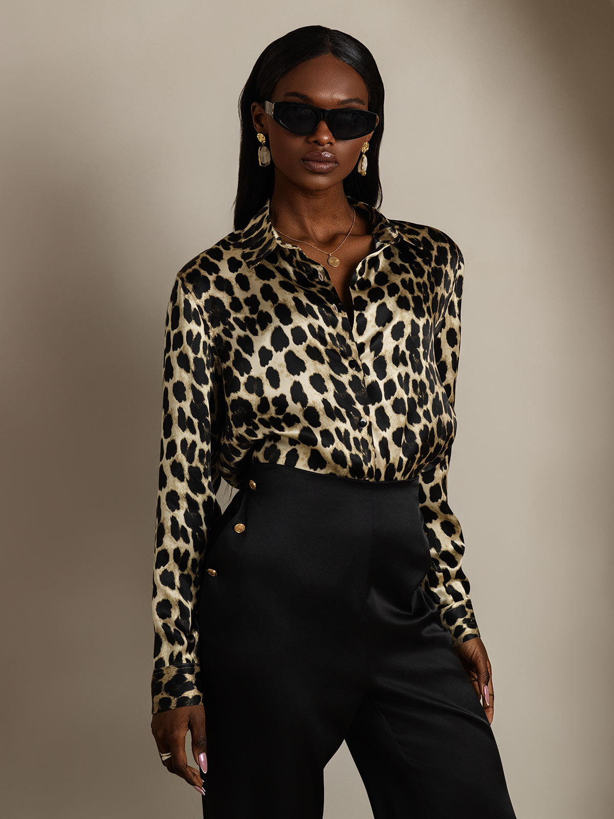 19Momme Silk Leopard Print Long Sleeve Lapel Collar Women's Shirt