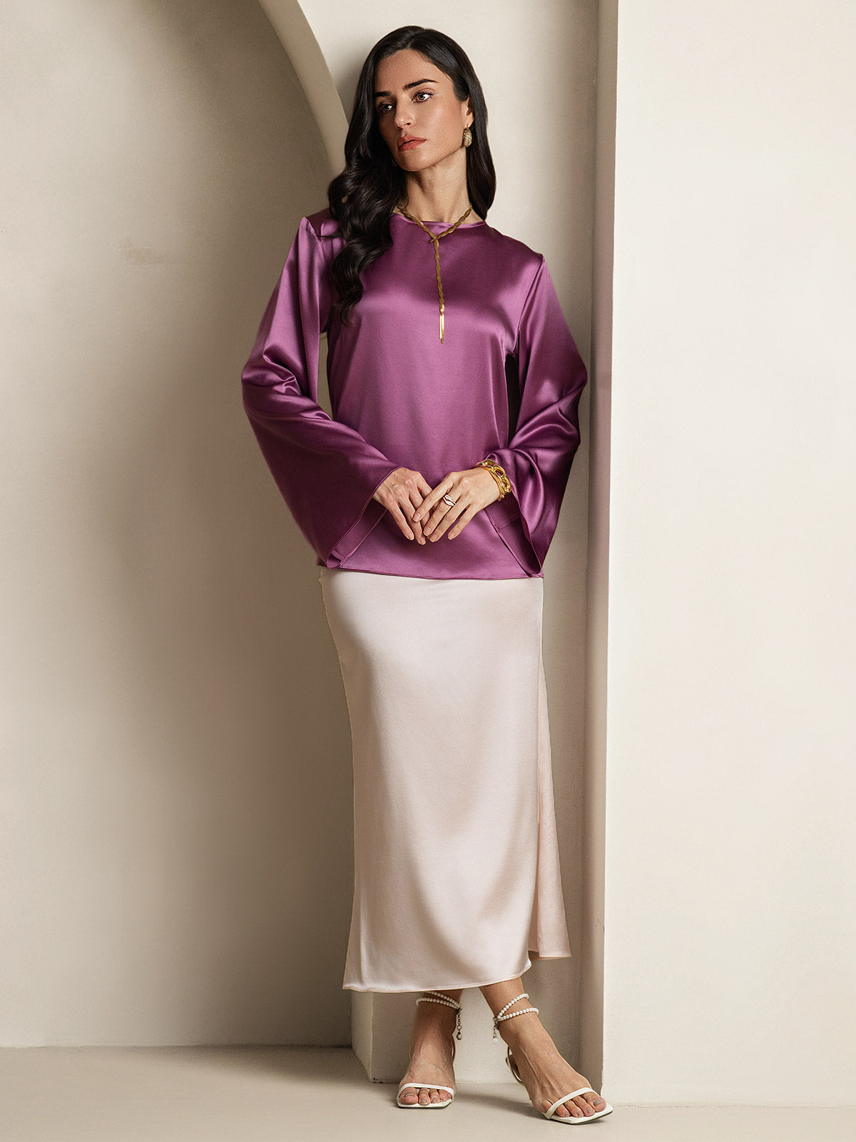 19Momme Silk Bell Sleeve Boat Neck Women's Top
