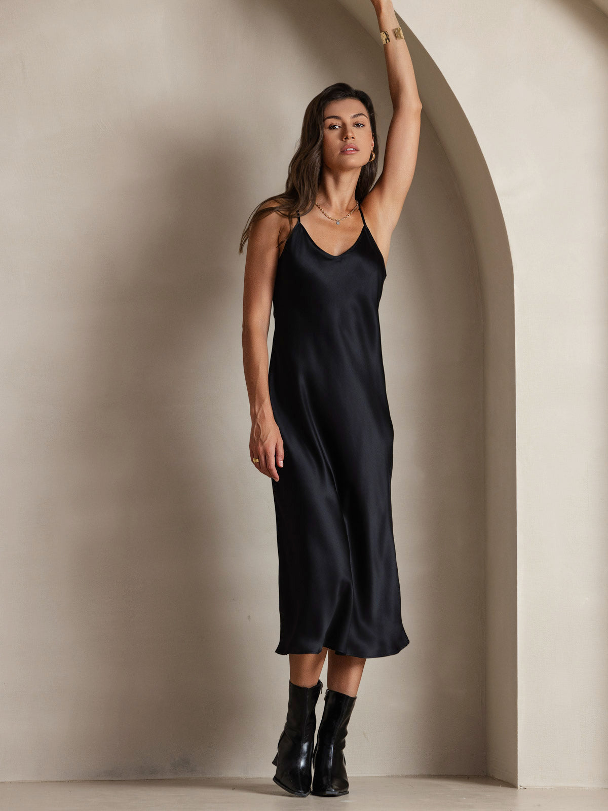 Pure Silk Spaghetti Strap V Neck Midi Dress
