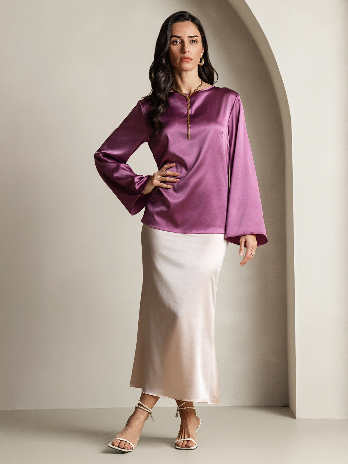 19Momme Silk Bell Sleeve Boat Neck Women's Top