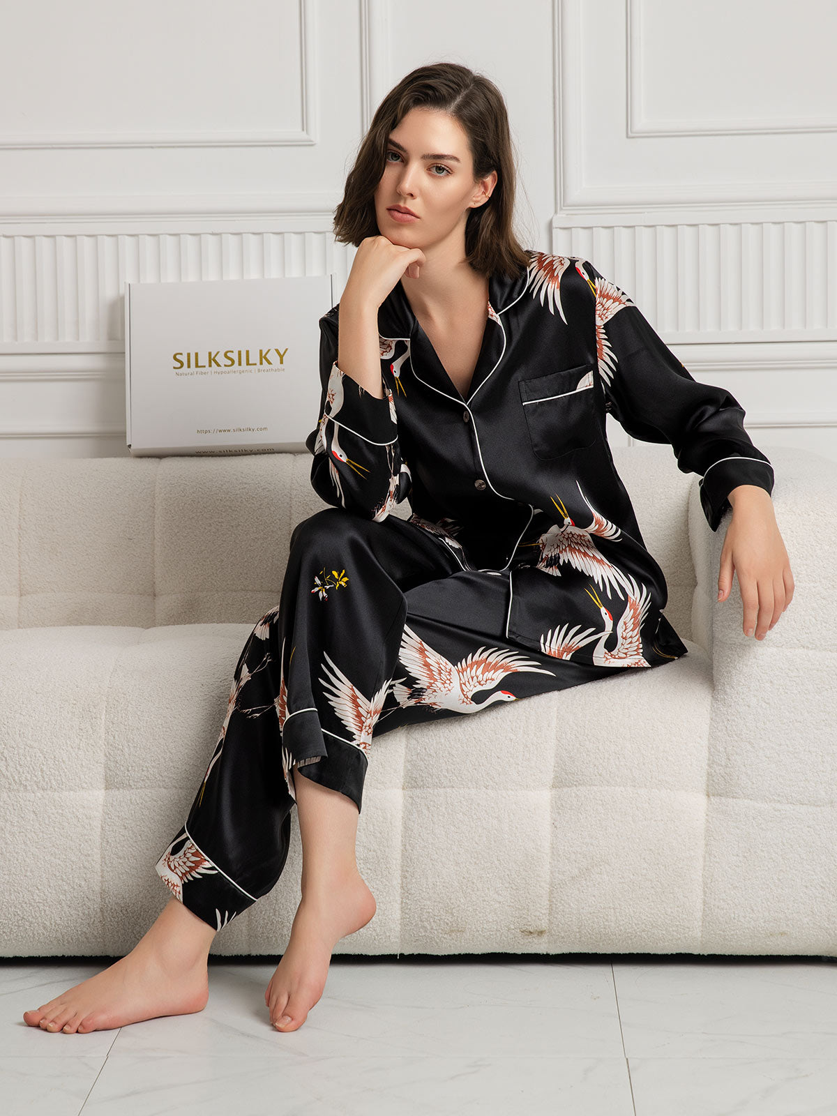 19Momme Pure Silk Crane Print Women's Long Sleeve Notch Collar Pyjamas Set