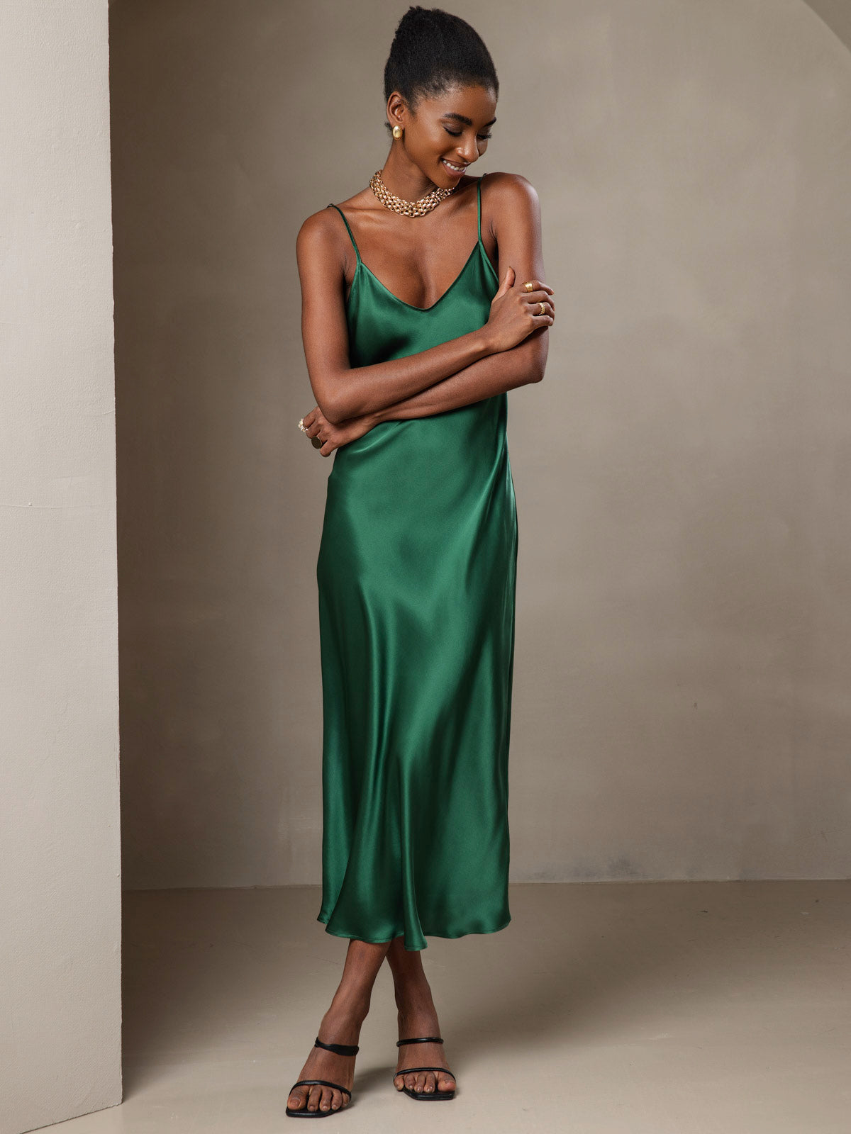 Pure Silk Spaghetti Strap Midi Dress
