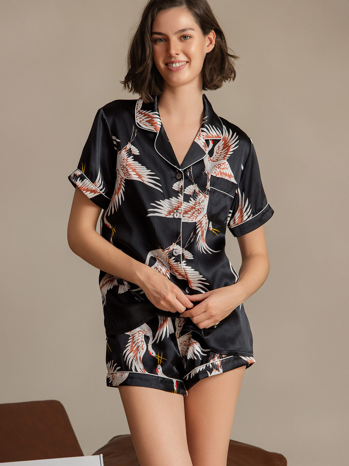 19Momme Pure Silk Crane Print Short Sleeve Notch Collar Women's Pyjamas Set