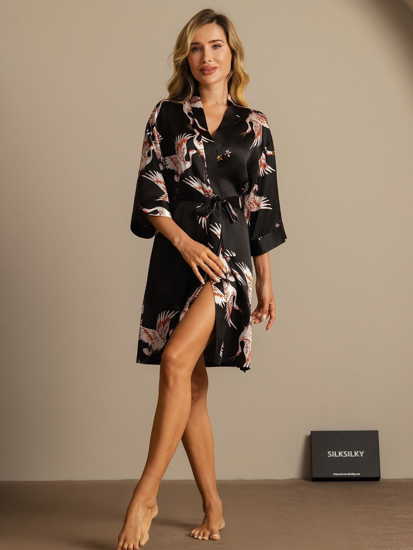 19Momme Pure Silk Crane Print Belted Wrap Women's Kimono Robe