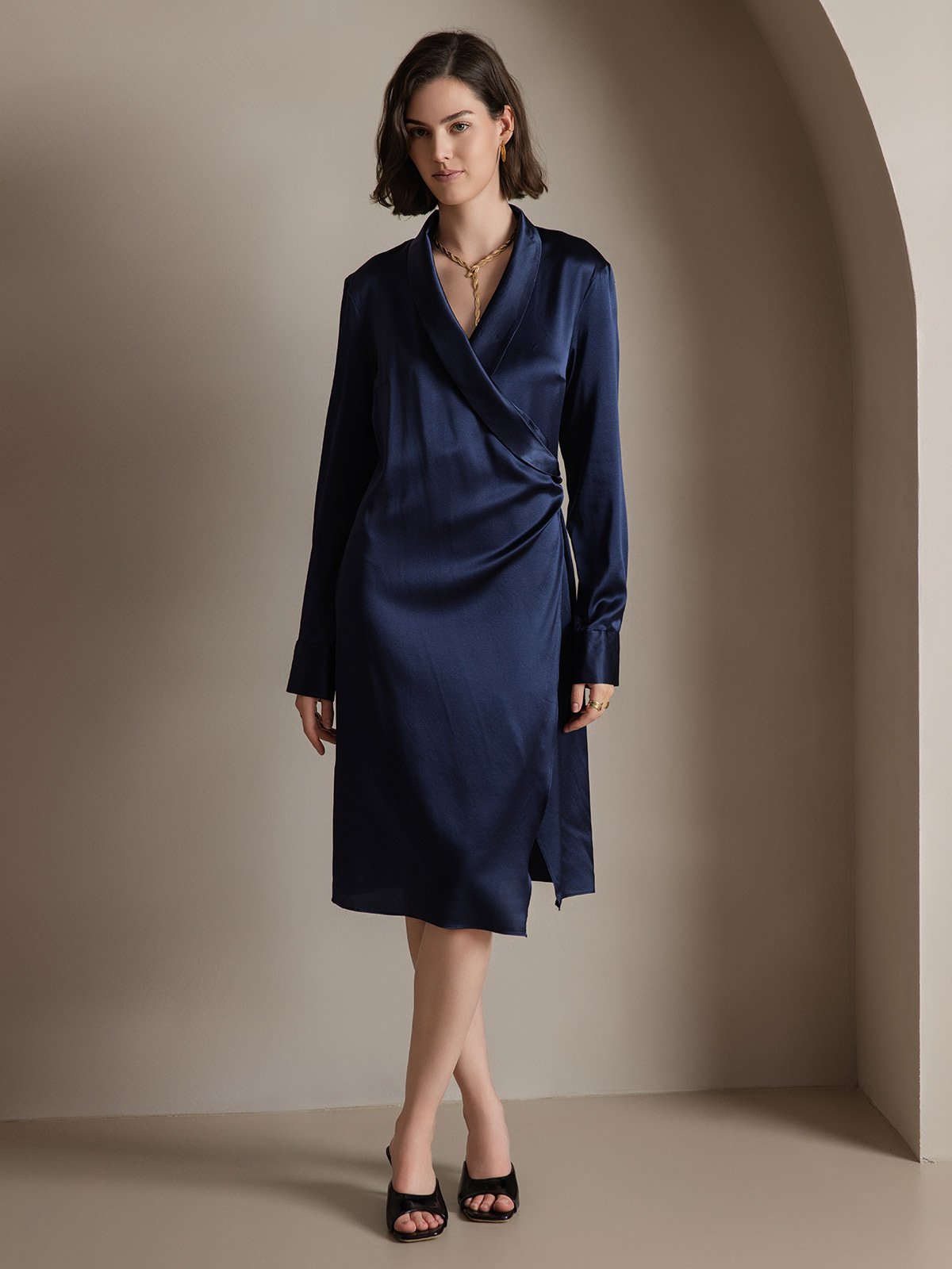 Clearance(Ships to UK Only) - 19Momme Silk Long Sleeve Lapel Collar Wrap Dress with Split Design