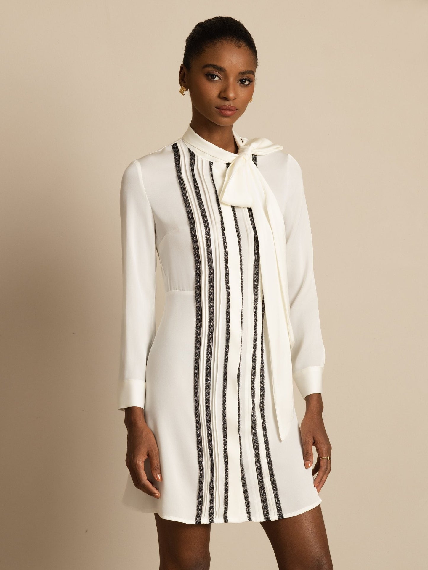 19Momme Silk  Women's Tie-Neck Short Shirt Dress with Vertical Pleated