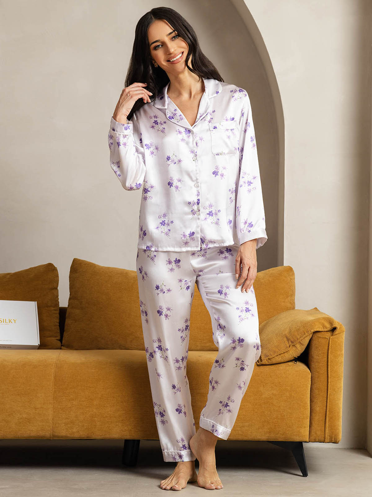 Pure Silk Lilac Bloom Print Long Sleeve Notch Collar Women's Pajamas Set