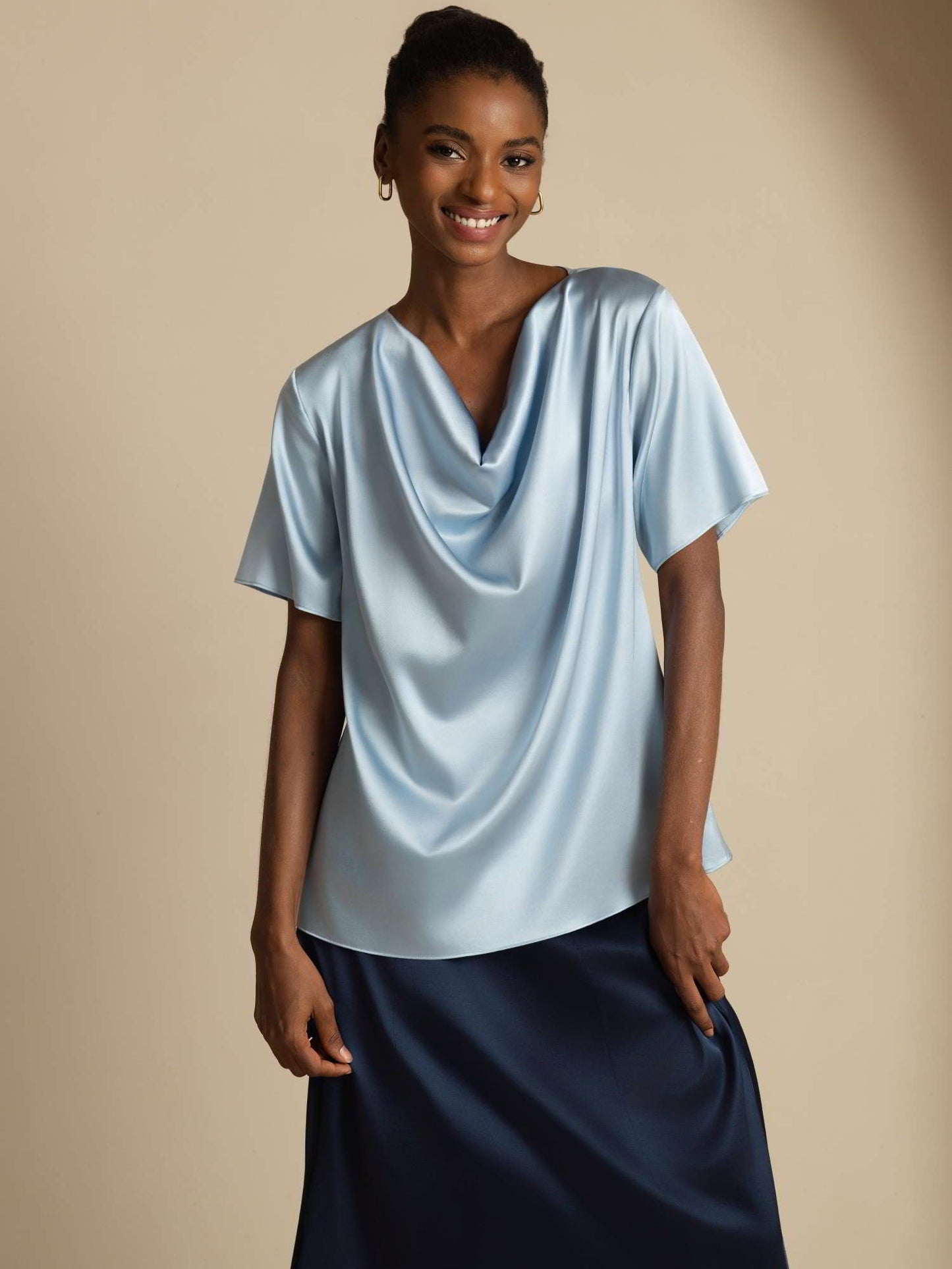 19Momme Women's Silk Short Sleeve Cowl Neck T-Shirt