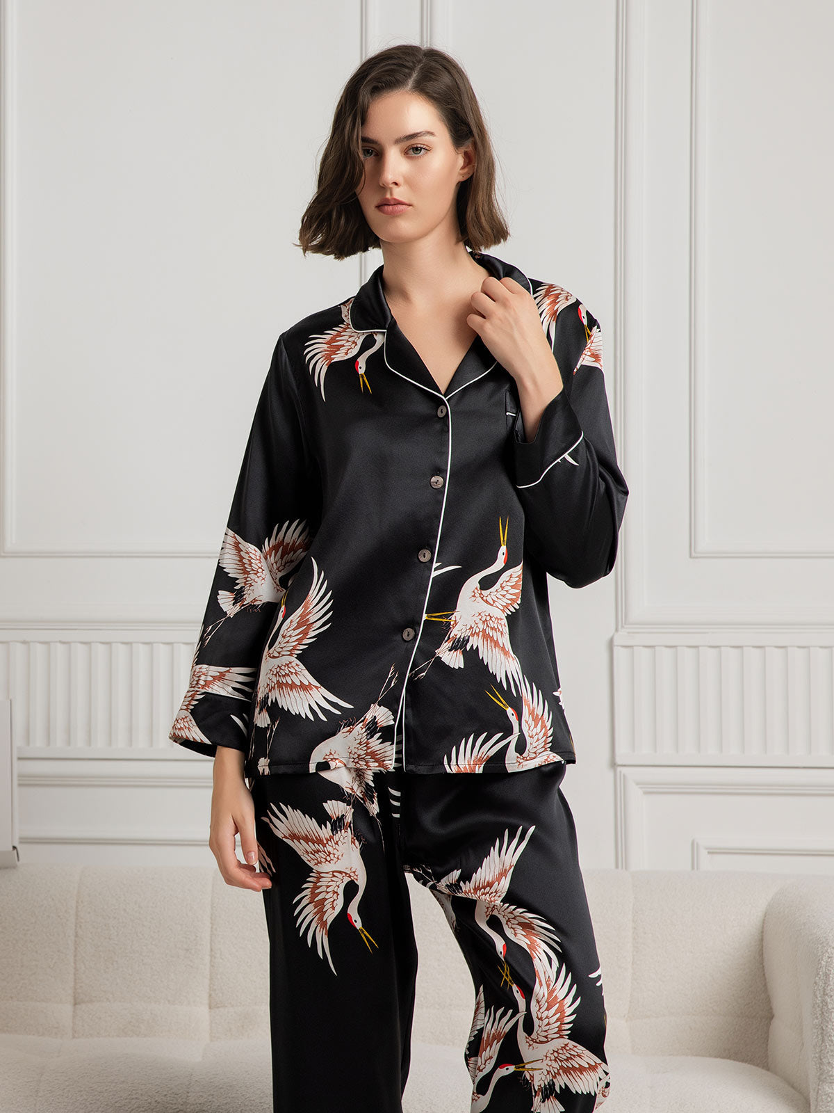 19Momme Pure Silk Crane Print Women's Long Sleeve Notch Collar Pyjamas Set