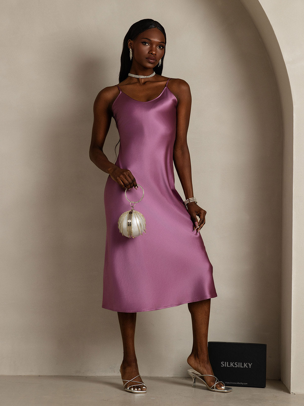 Women's Pure Silk Spaghetti Strap V-neck Midi Nightdress
