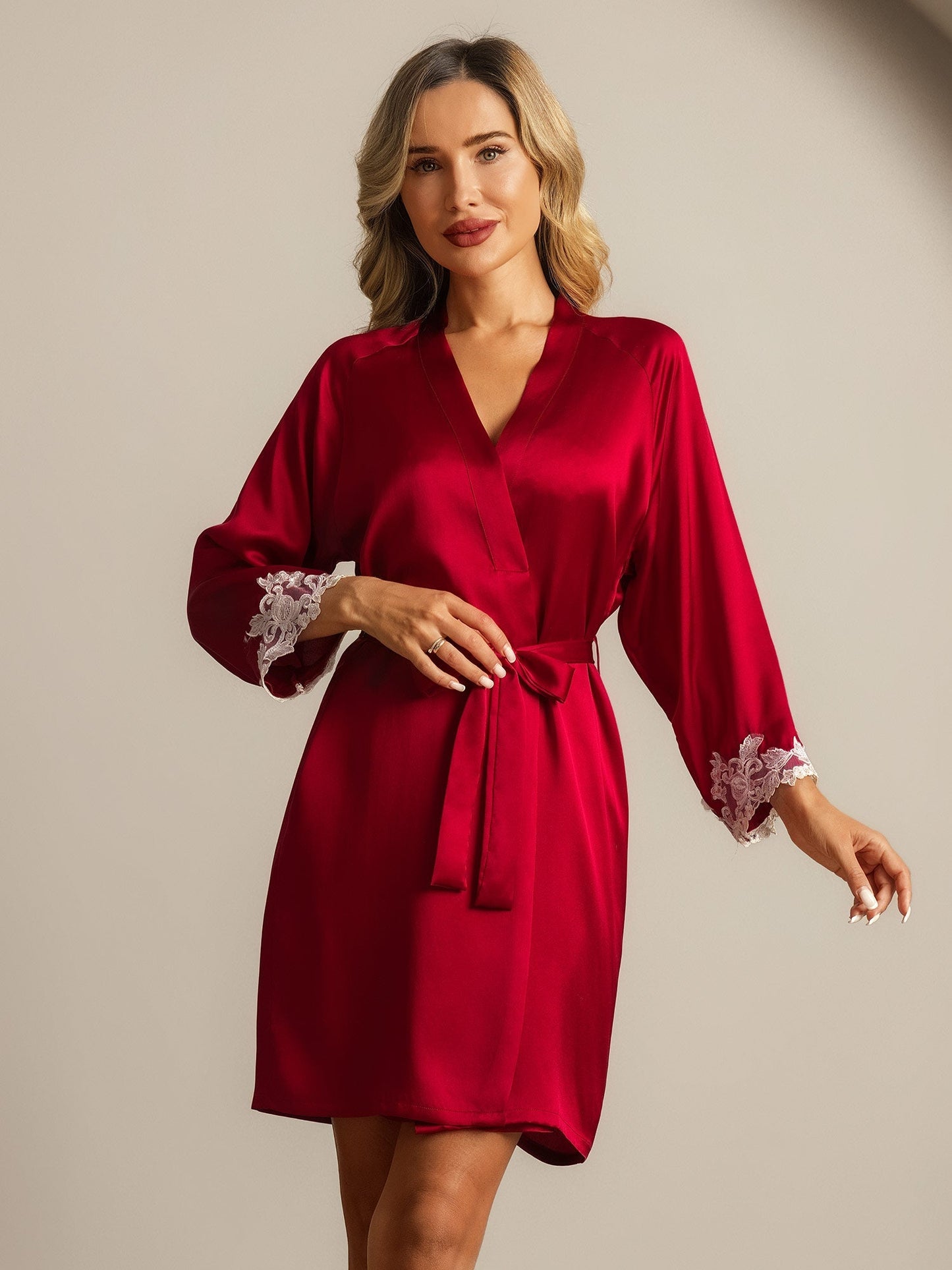 Silk Lace Cuffs Dressing Gown Wrap Kimono Belted with 3/4 Sleeves