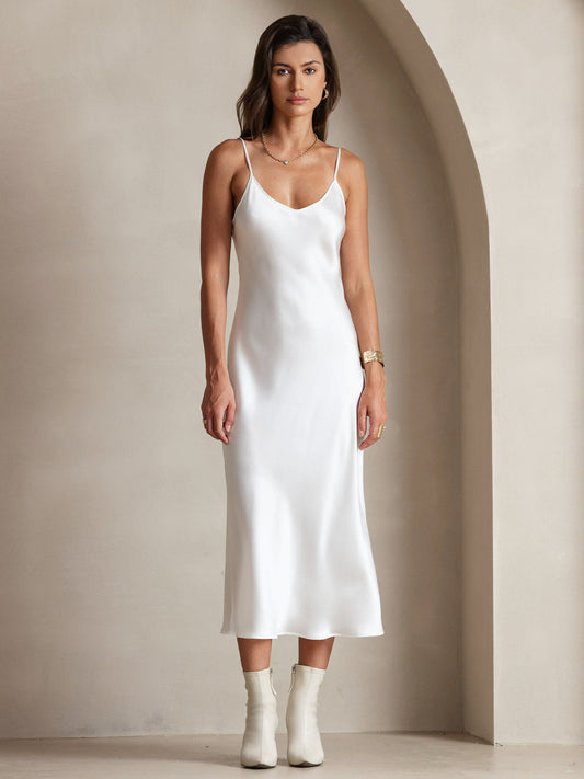 Pure Silk Spaghetti Strap V Neck Midi Dress