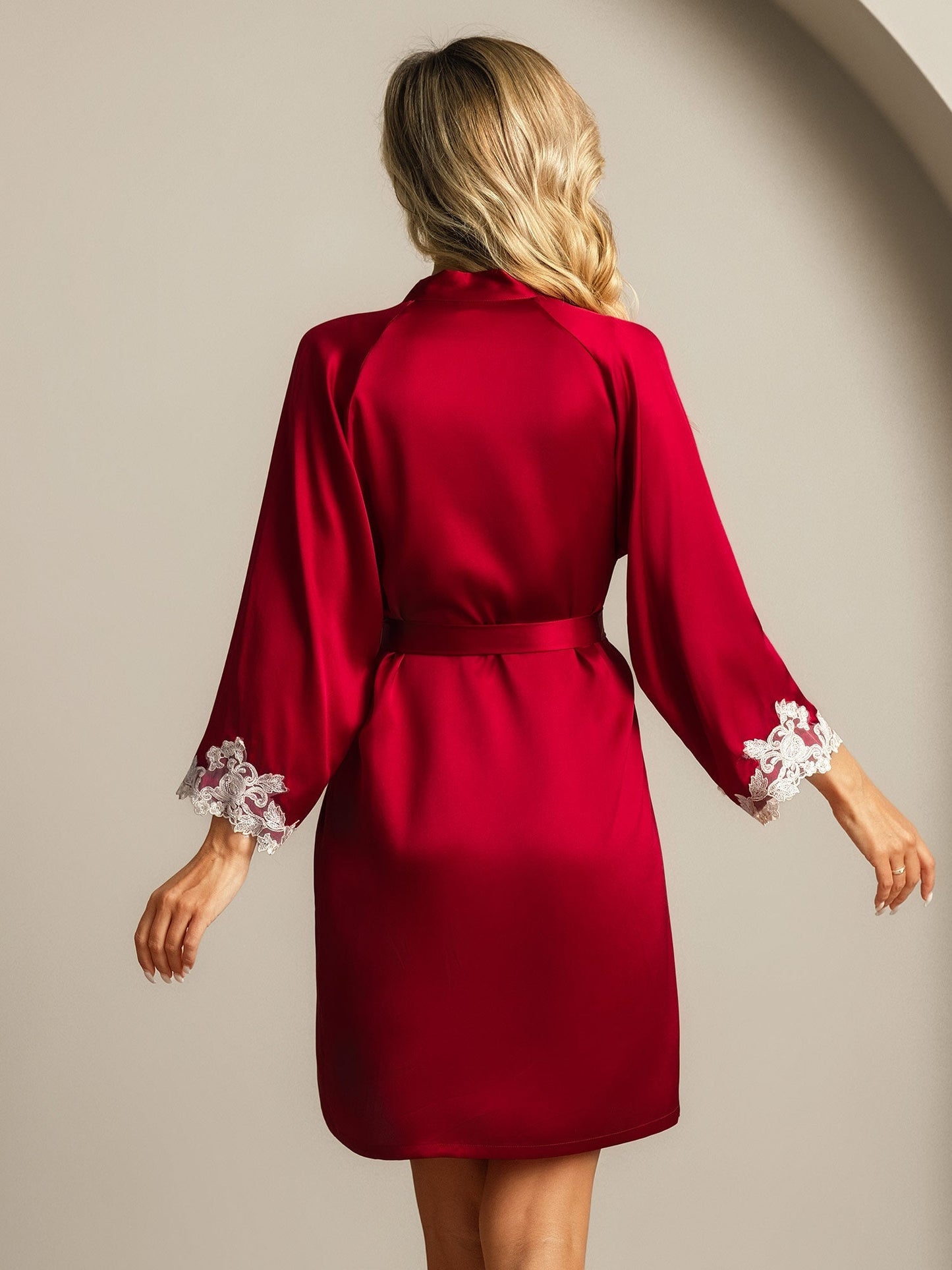 Silk Lace Cuffs Dressing Gown Wrap Kimono Belted with 3/4 Sleeves