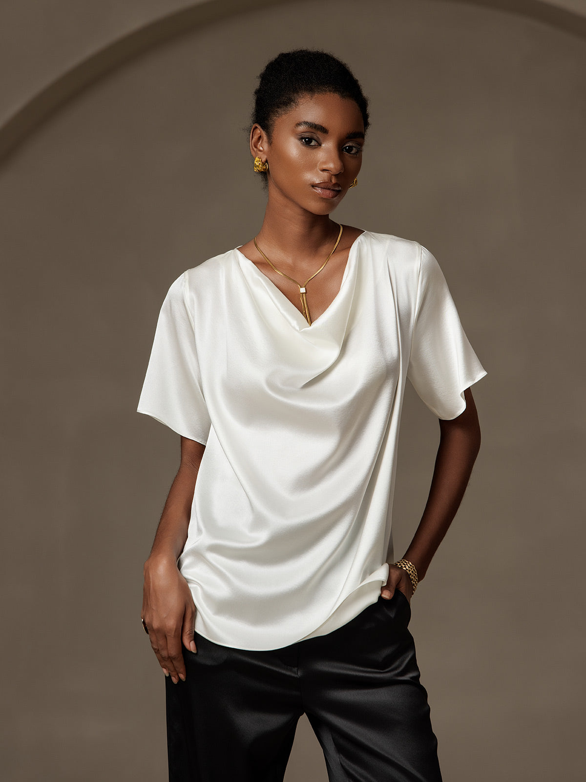 19Momme Women's Silk Short Sleeve Cowl Neck T-Shirt